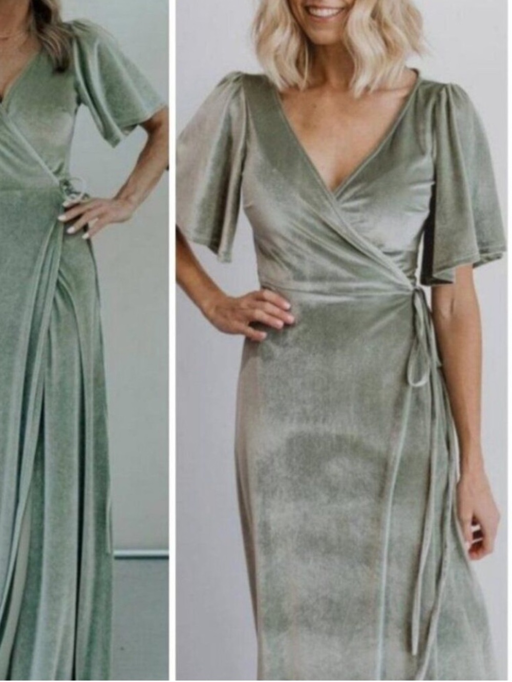Baltic Born | Katelyn Velvet Maxi Wrap Dress Sage Eucalyptus Green Formal Slit